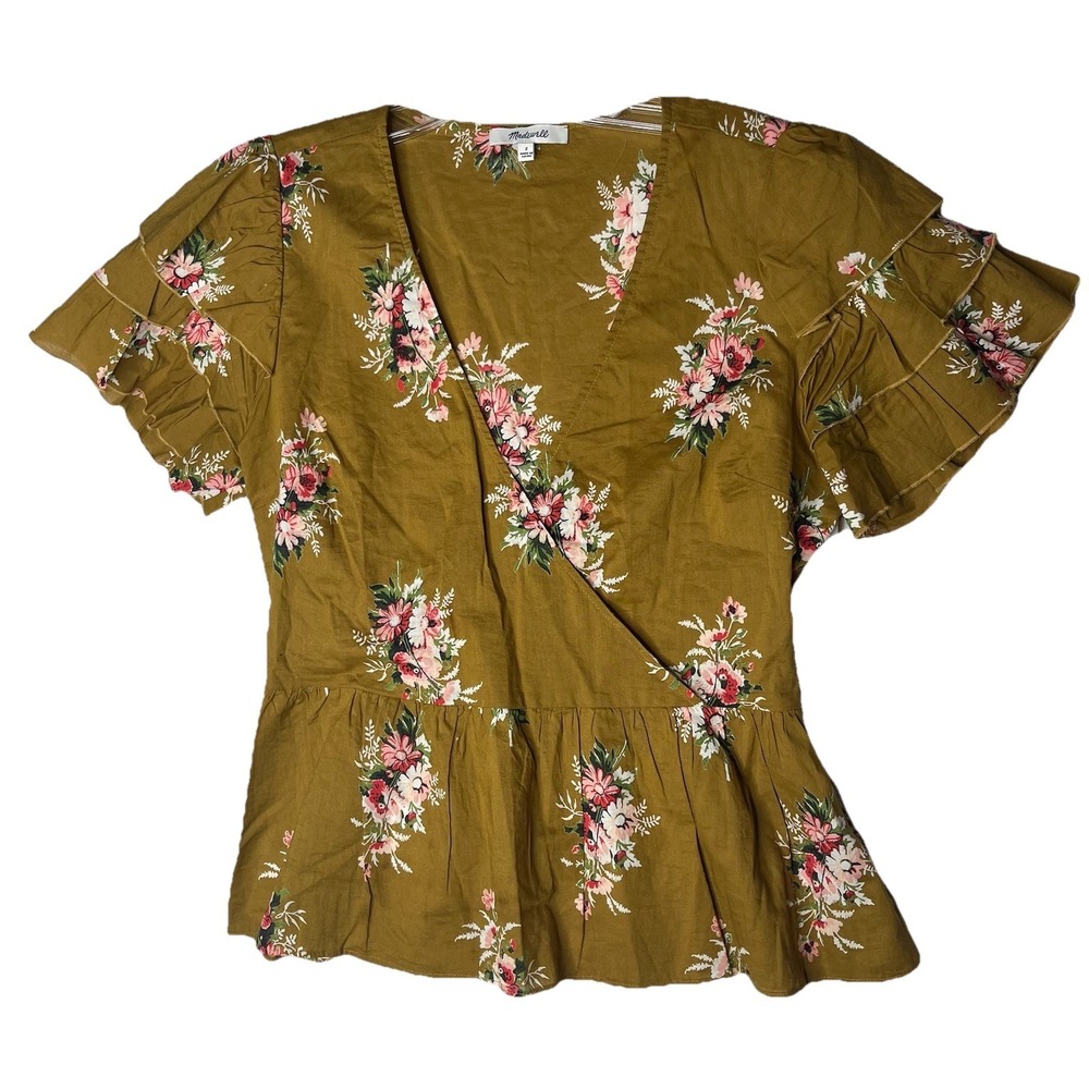Women's Madewell‎ Mustard Floral Ruffle Sleeve Pop Over Side Zip Top Size 2